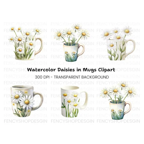 Daisy Flowers in Mugs Clipart Bundle