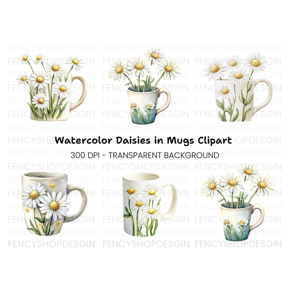Daisy Flowers in Mugs Clipart Bundle