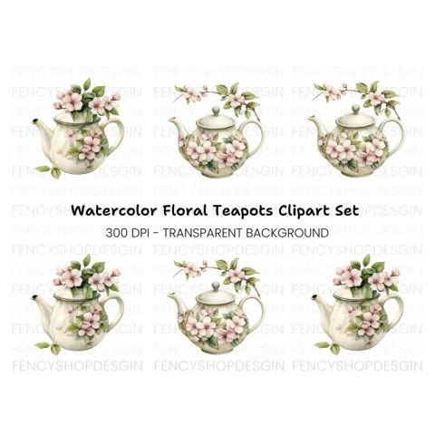 Cherry Blossom Teapots Clipart Bundle