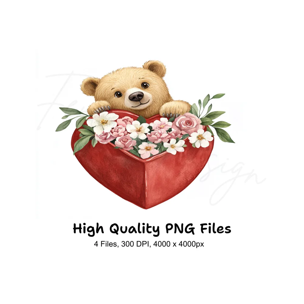 Cute Bear in Heart with Flowers Clipart Bundle