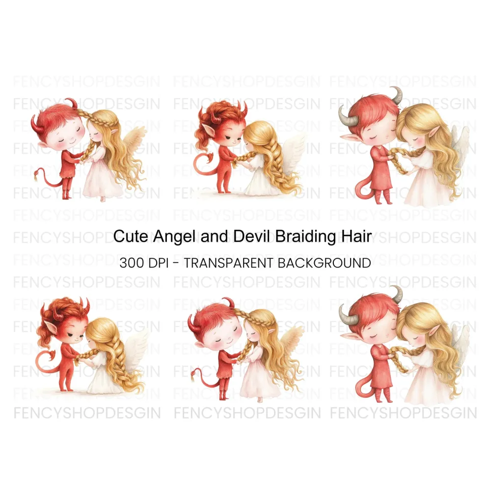 Cute Angel and Devil Braiding Hair Clipart Bundle
