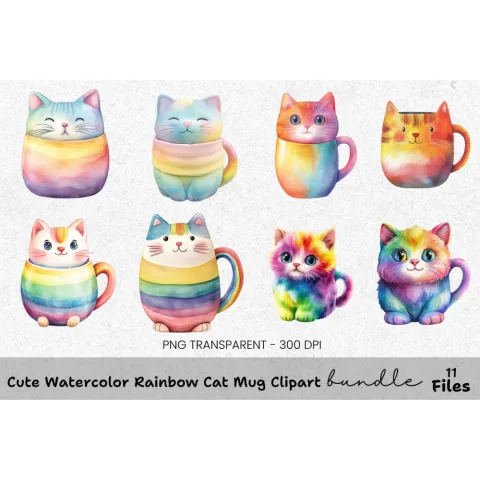 Cute Rainbow Cat Clipart Bundle