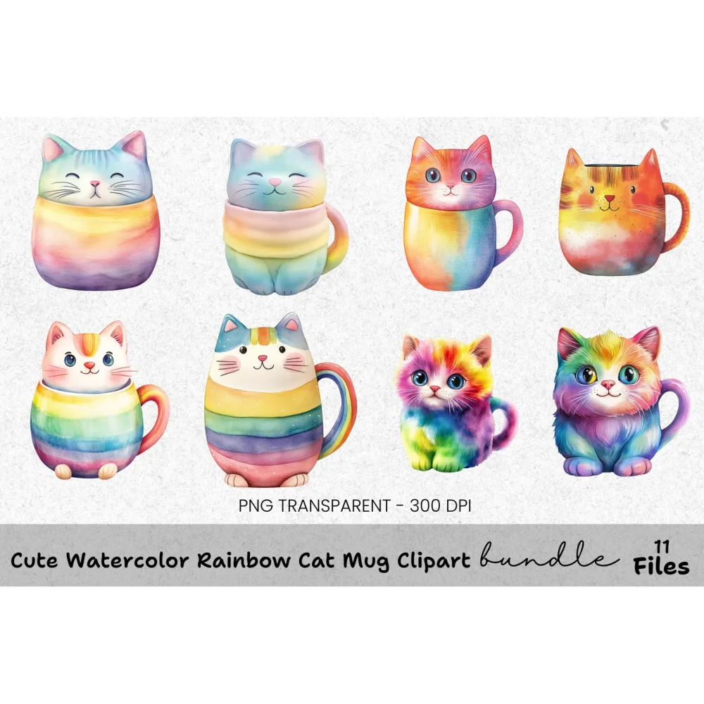 Cute Rainbow Cat Clipart Bundle