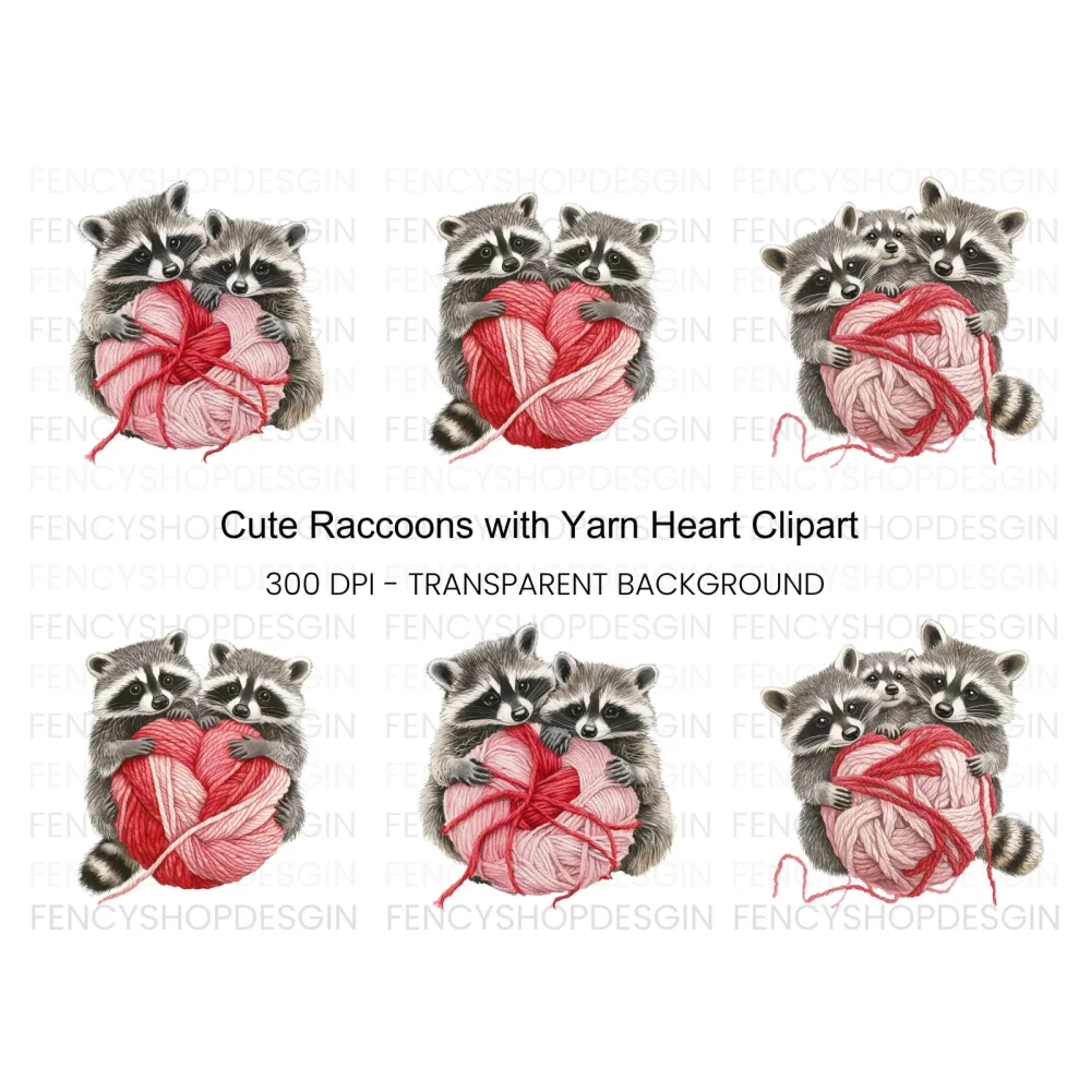 Cute Raccoons with Yarn Heart Clipart Bundle