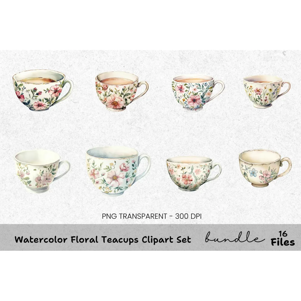Floral Teacups Clipart Bundle