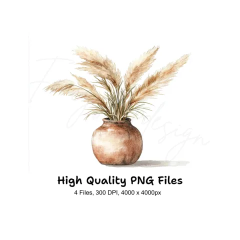 Pampas Grass in Terracotta Vase Clipart Bundle