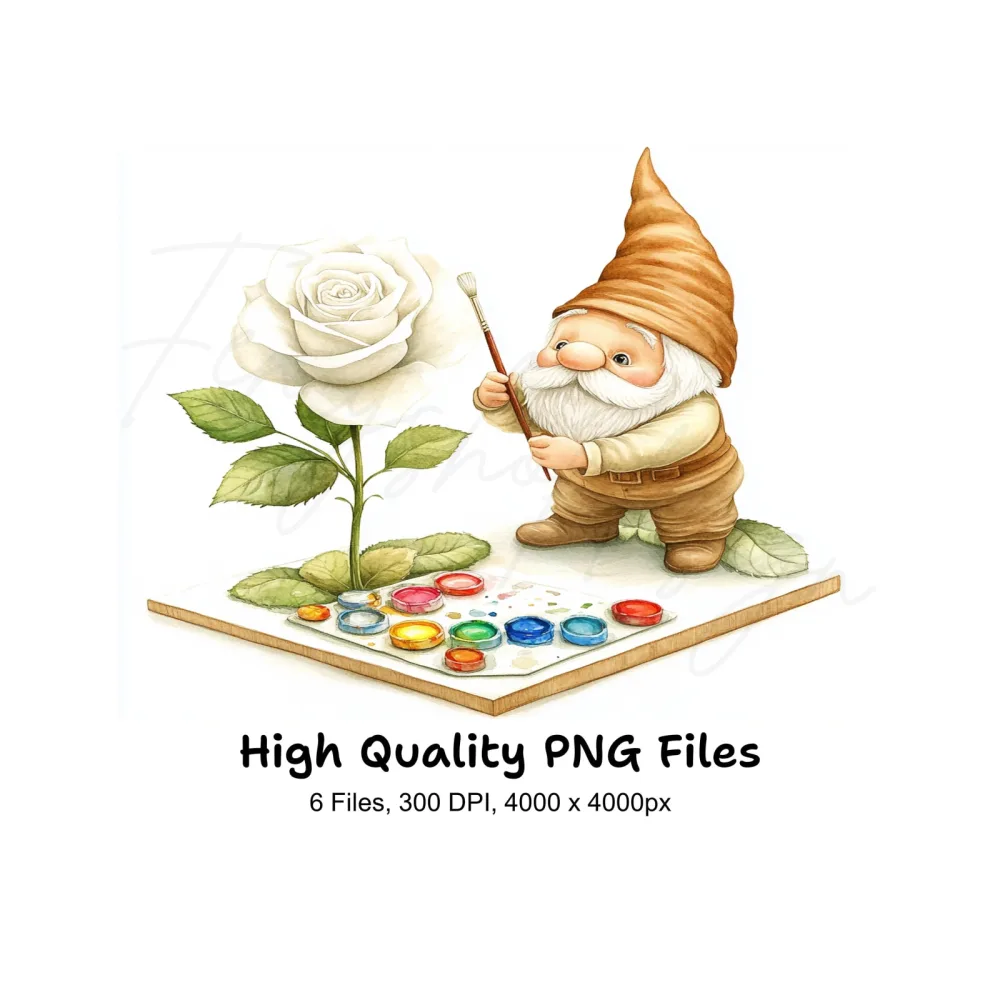 Gnome Painting White Rose Clipart Bundle