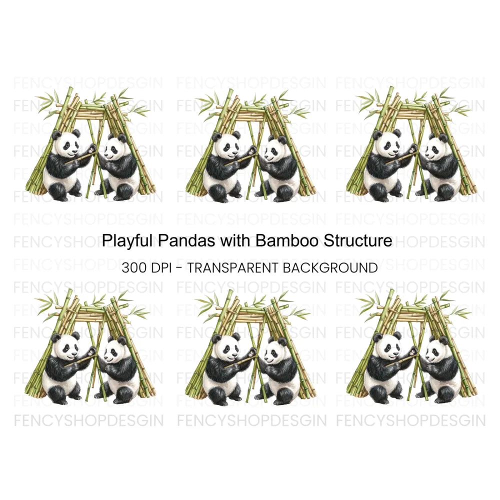 Playful Pandas with Bamboo Hut Clipart Bundle