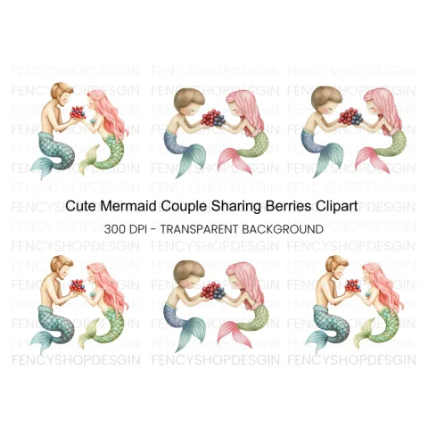 Sweet Mermaid Couple with Berries Clipart Bundle