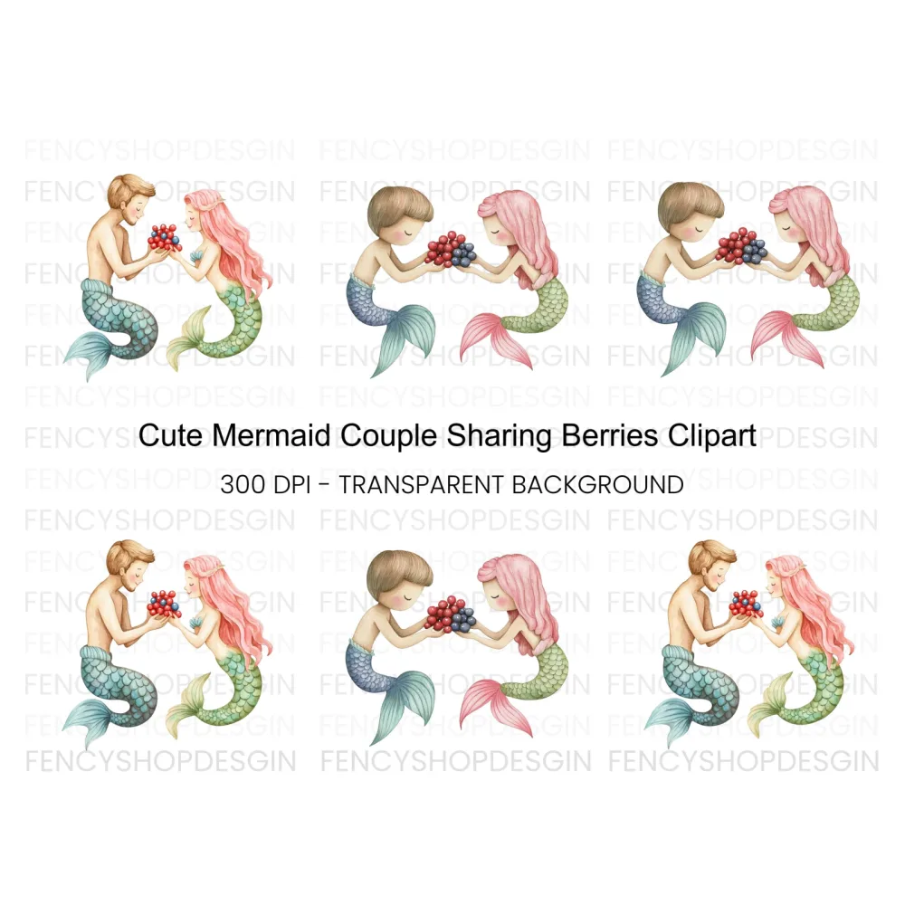 Sweet Mermaid Couple with Berries Clipart Bundle