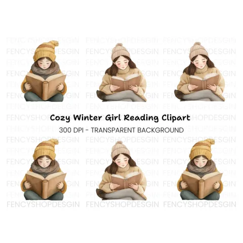 Cozy Girls Reading Books Clipart Bundle