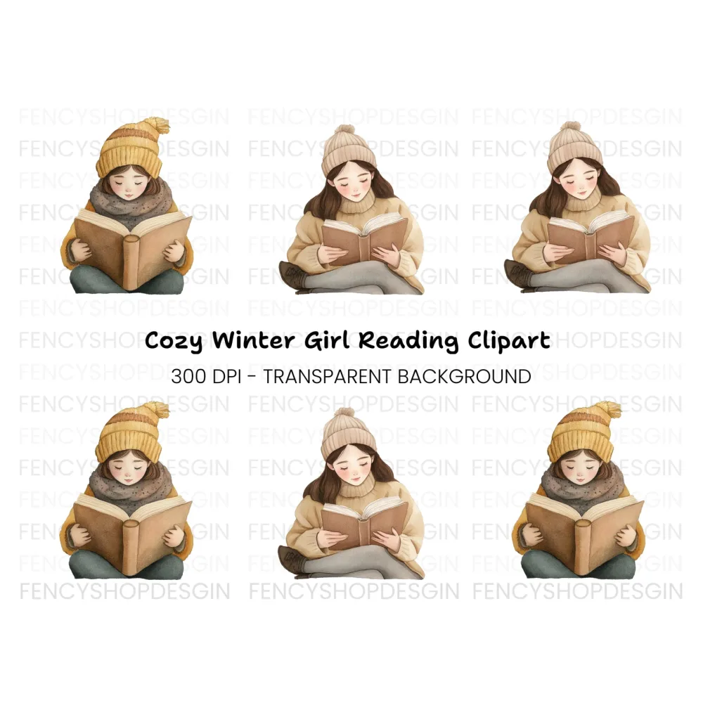 Cozy Girls Reading Books Clipart Bundle