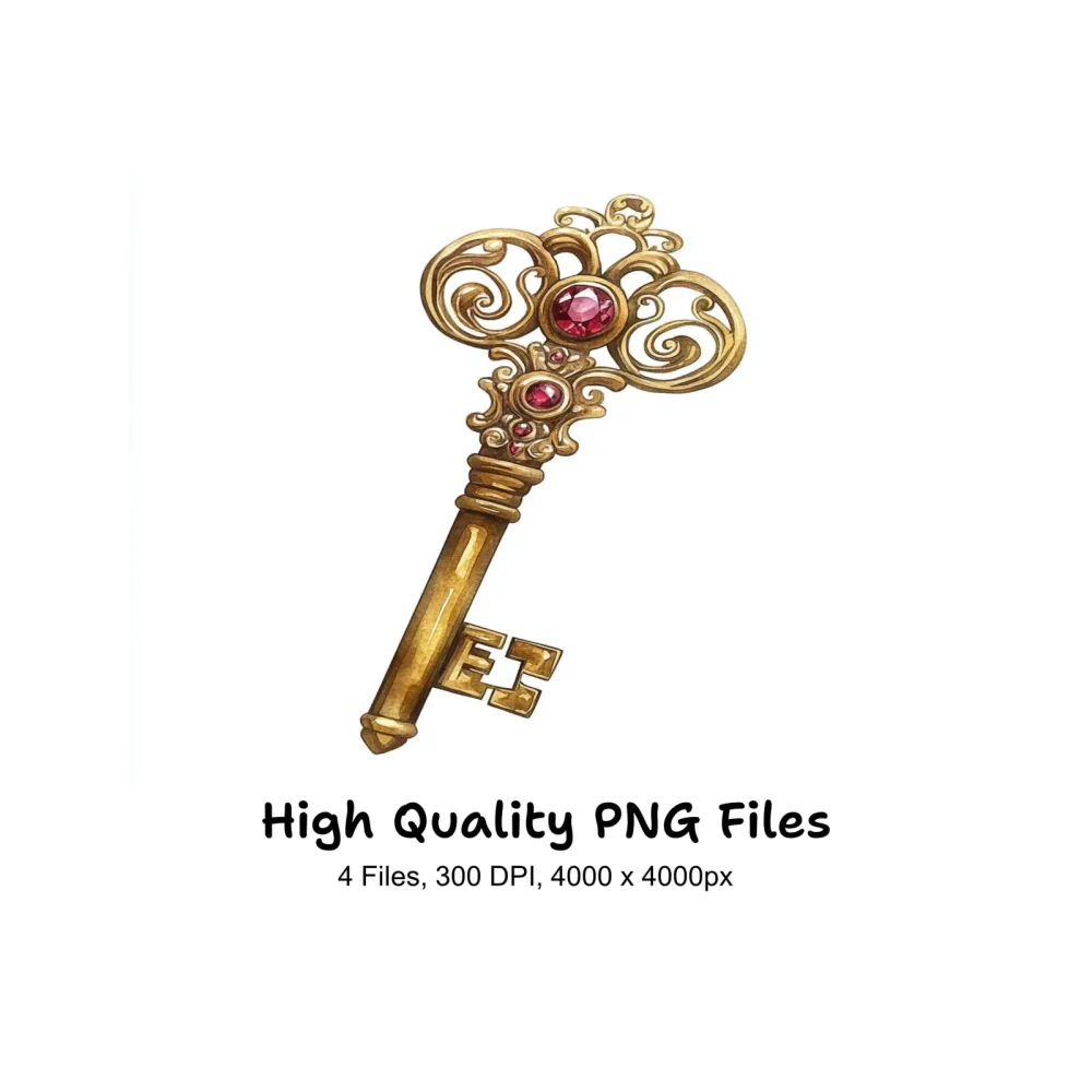 Vintage Golden Keys with Red Jewels Clipart Bundle