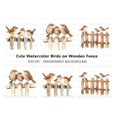 Wren Family on Wooden Fence Clipart Bundle