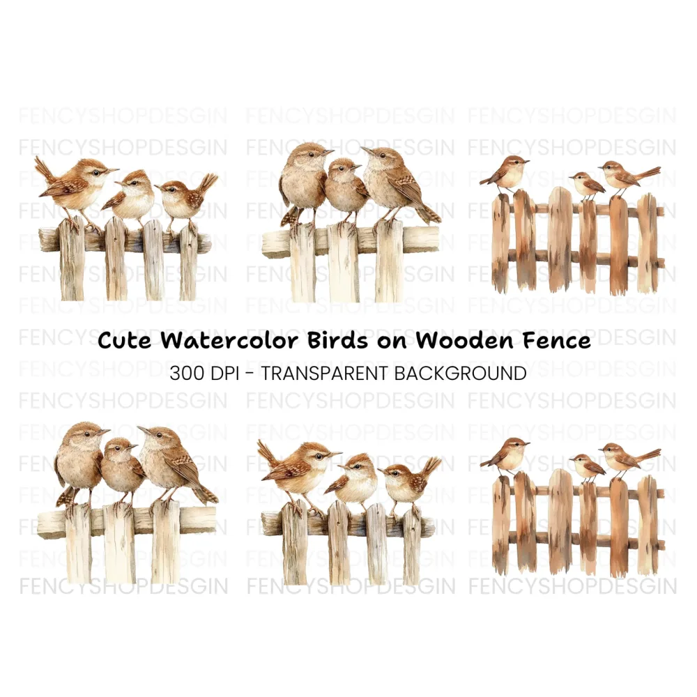 Wren Family on Wooden Fence Clipart Bundle