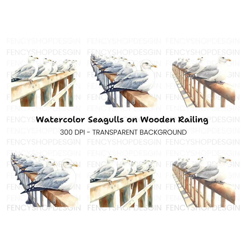 Flock of Seagulls on Railing Clipart Bundle