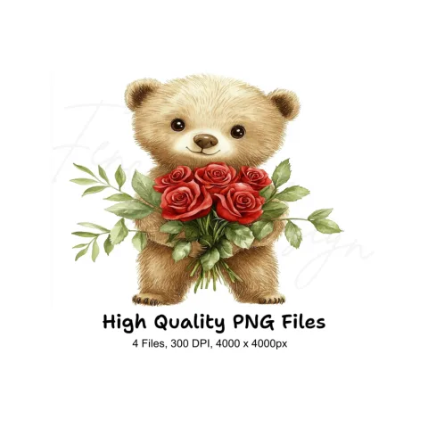 Sweet Teddy Bears with Rose Bouquets Clipart Bundle
