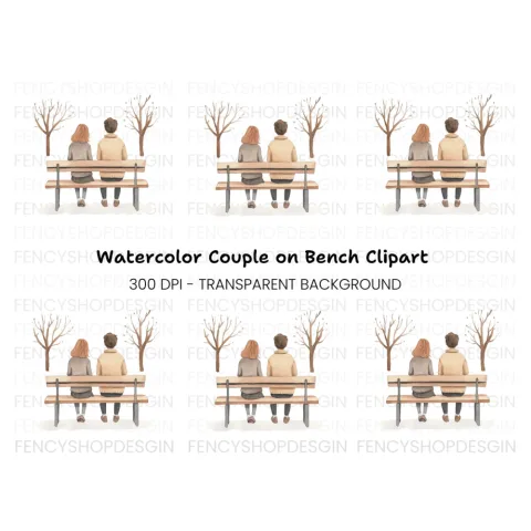 Couple on Bench Winter Scene Clipart Bundle