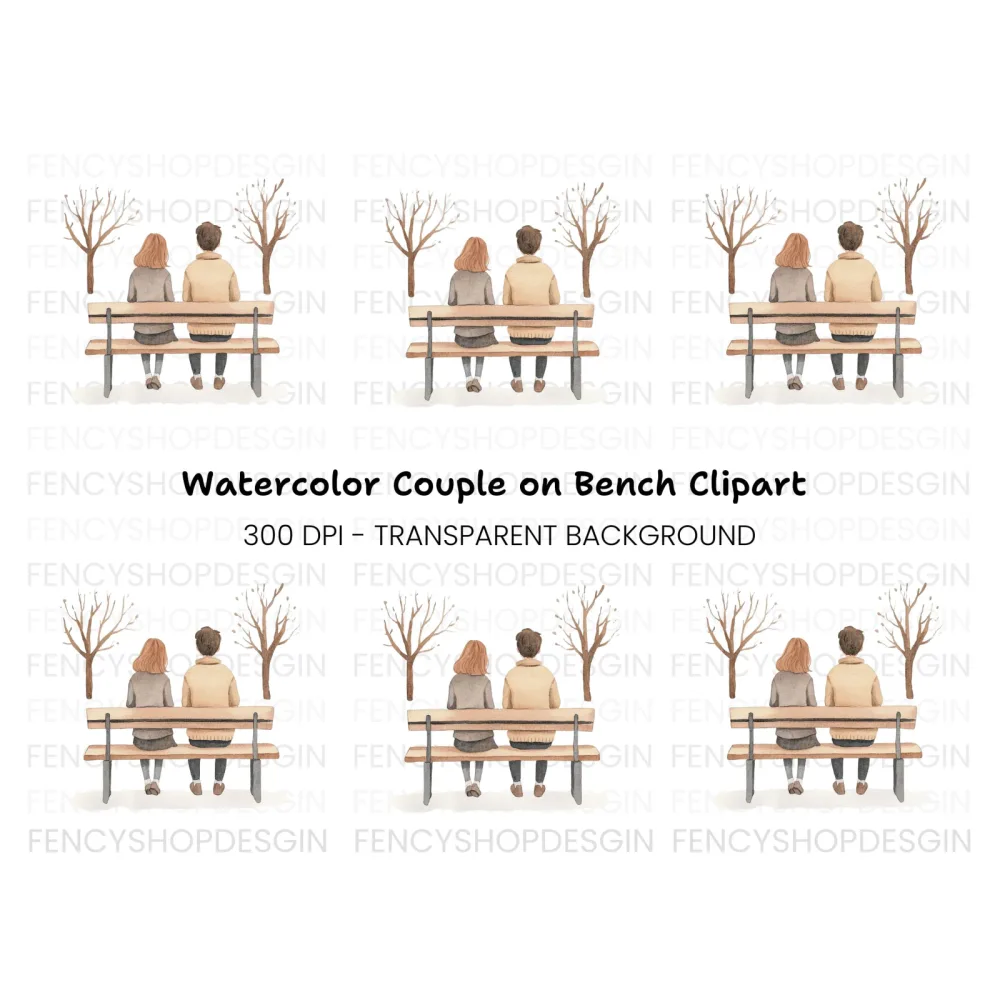 Couple on Bench Winter Scene Clipart Bundle