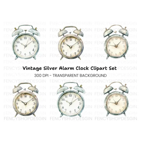 Rustic Silver Alarm Clock Clipart Bundle