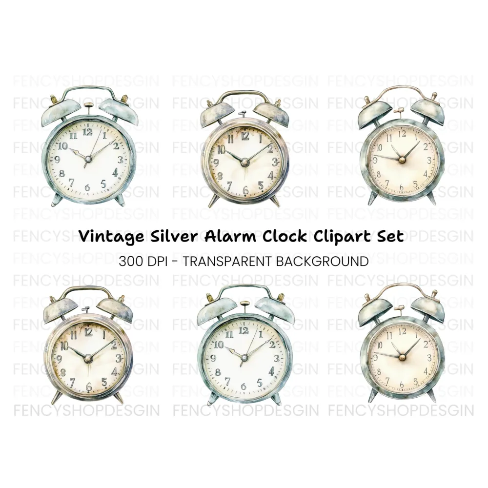Rustic Silver Alarm Clock Clipart Bundle
