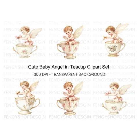 Cute Angel Babies in Teacups Clipart Bundle