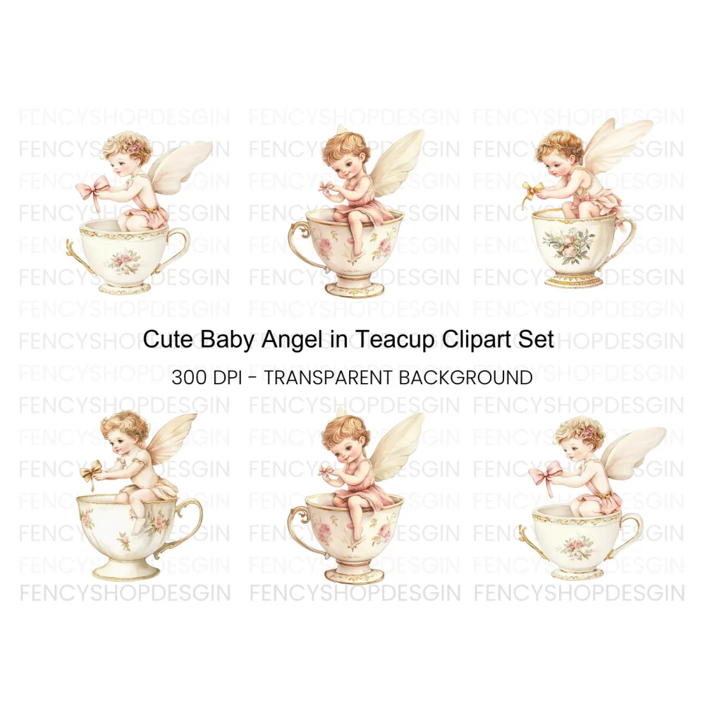 Cute Angel Babies in Teacups Clipart Bundle