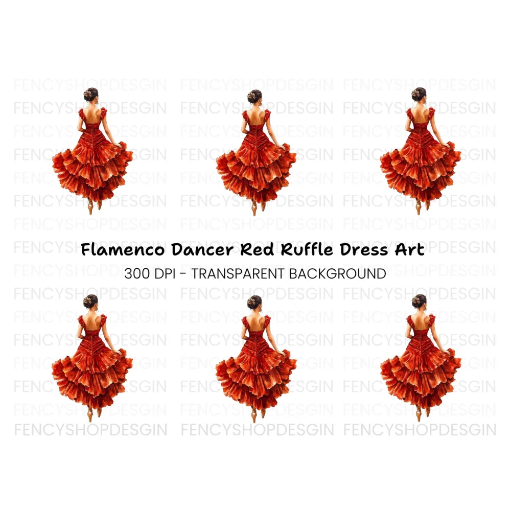Flamenco Dancer in Red Ruffled Dress Clipart Bundle