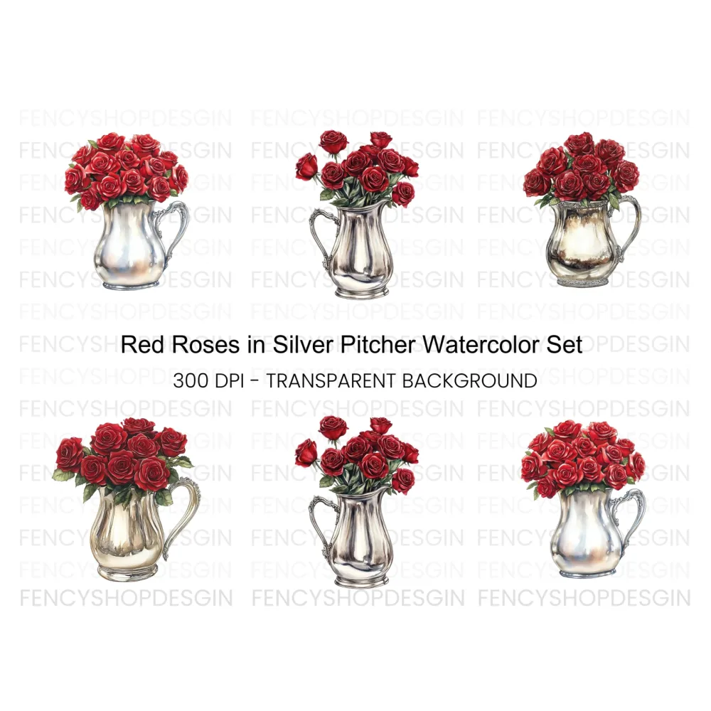 Red Roses in Silver Pitcher Clipart Bundle