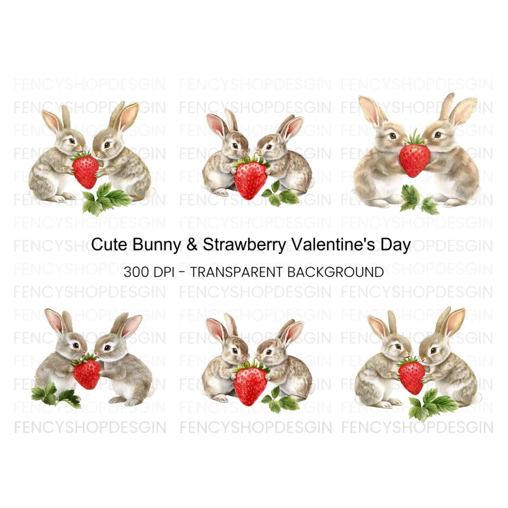 Cute Bunny Strawberry Clipart Bundle