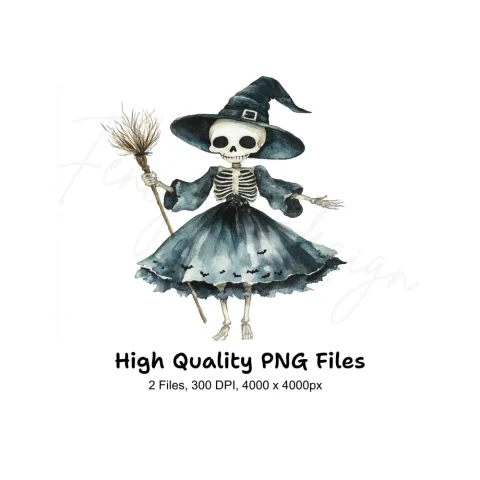 Cute Skeleton Witch with Broom Clipart Bundle