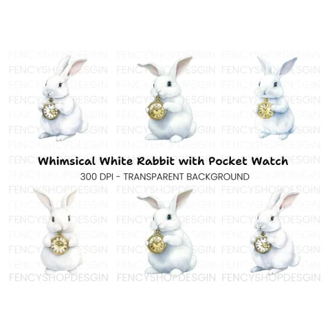 White Rabbit with Pocket Watch Clipart Bundle