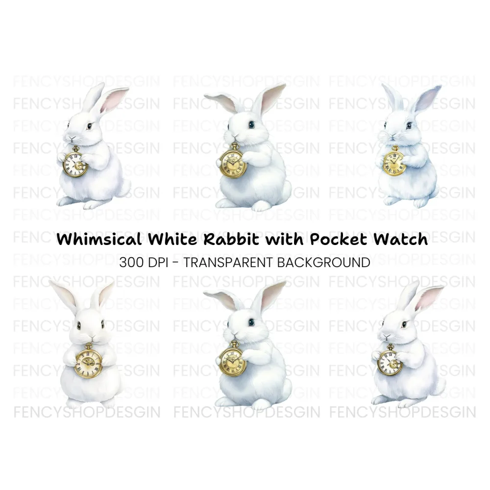 White Rabbit with Pocket Watch Clipart Bundle