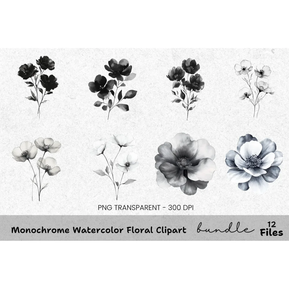 Monochrome Floral Clipart Bundle
