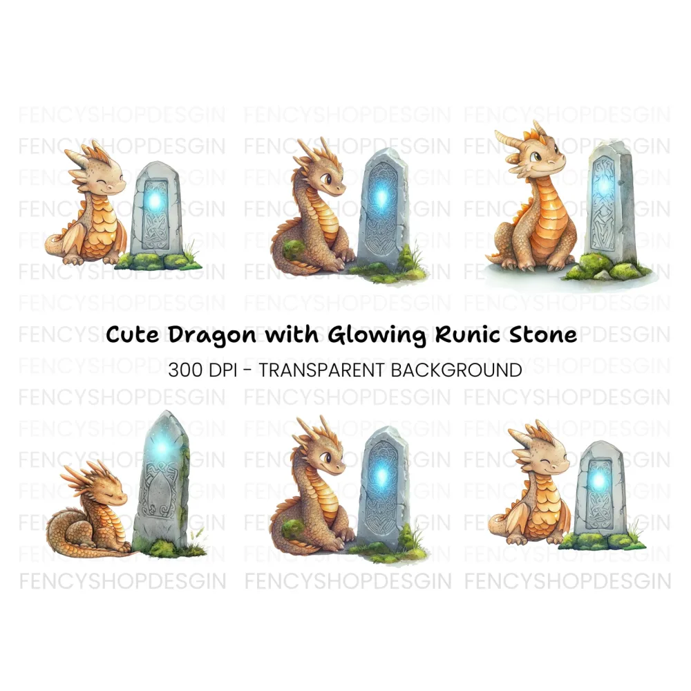 Cute Baby Dragon and Magic Stone Clipart Bundle