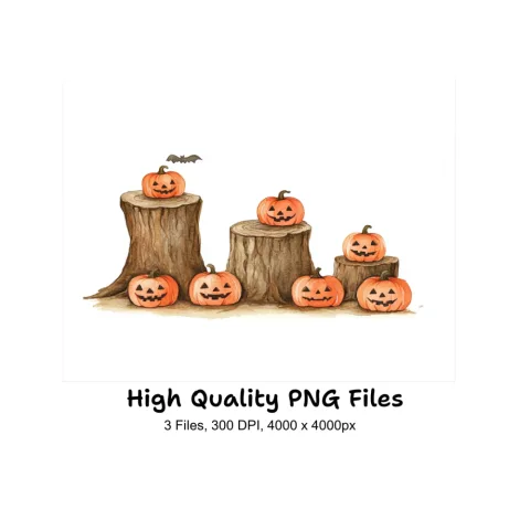 Halloween Pumpkins on Tree Stumps Clipart Bundle