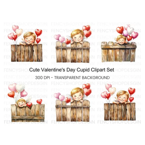 Cute Cupid with Heart Balloons Clipart Bundle