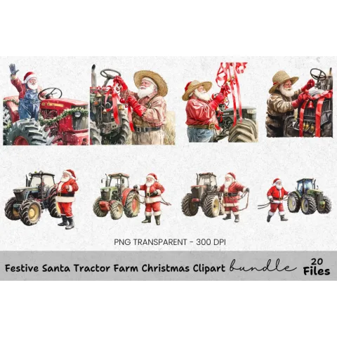 Santa Claus on Tractor Christmas Clipart Bundle