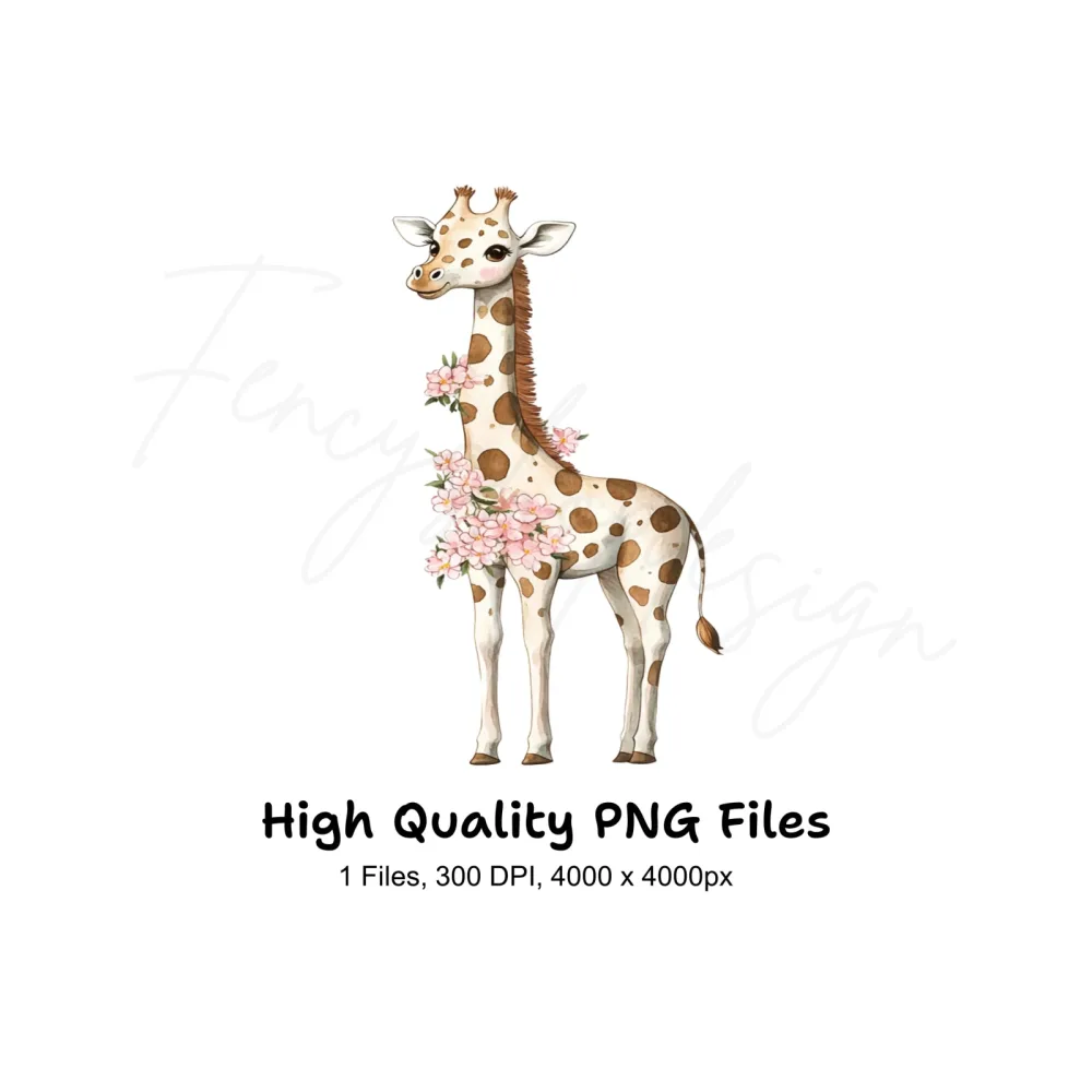 Cute Giraffe with Pink Flowers Clipart Bundle