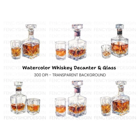 Elegant Whiskey Decanters and Glasses Clipart Bundle