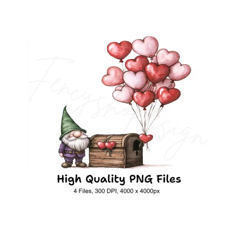 Valentine Gnomes with Heart Balloons Clipart Bundle