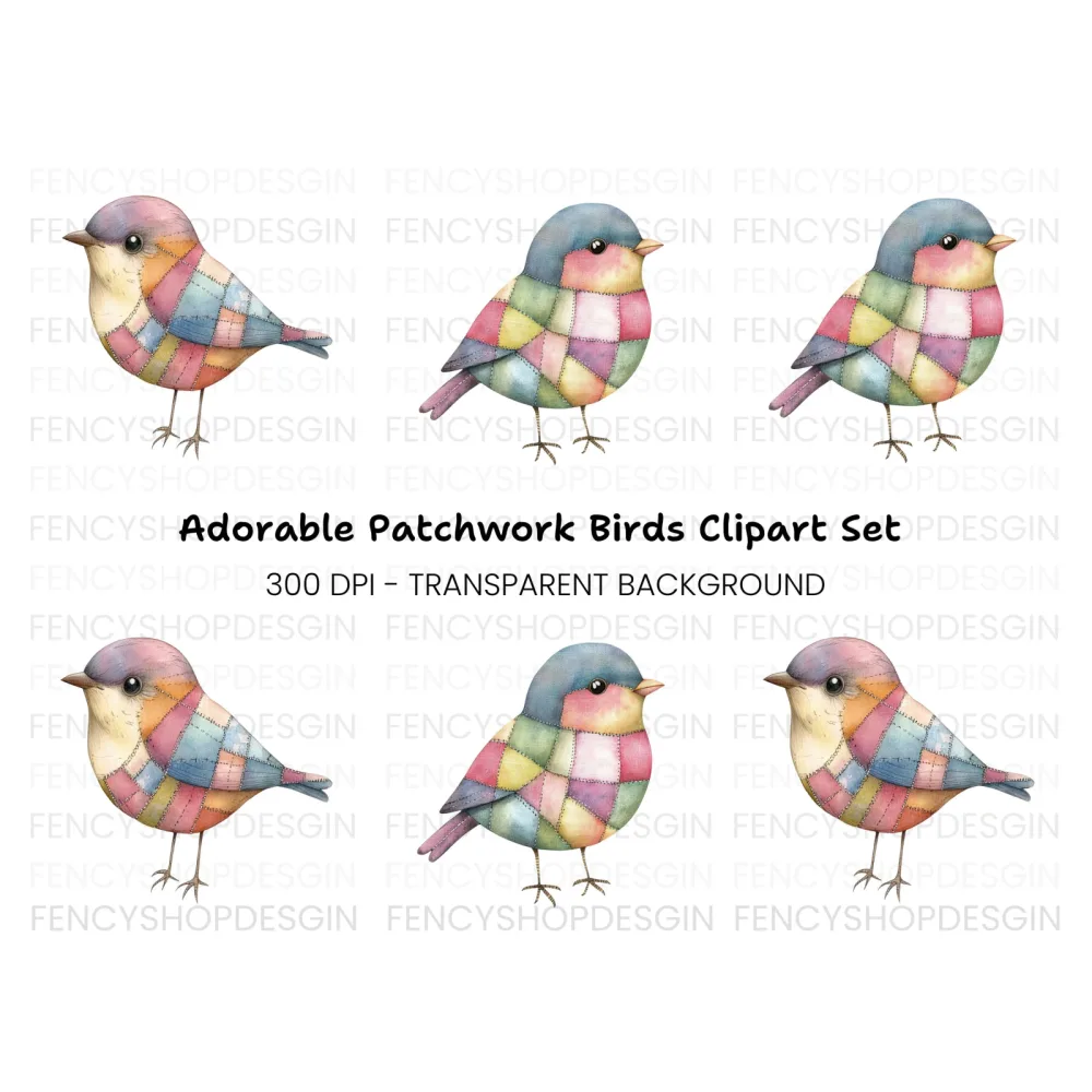 Patchwork Bird Illustrations Clipart Bundle