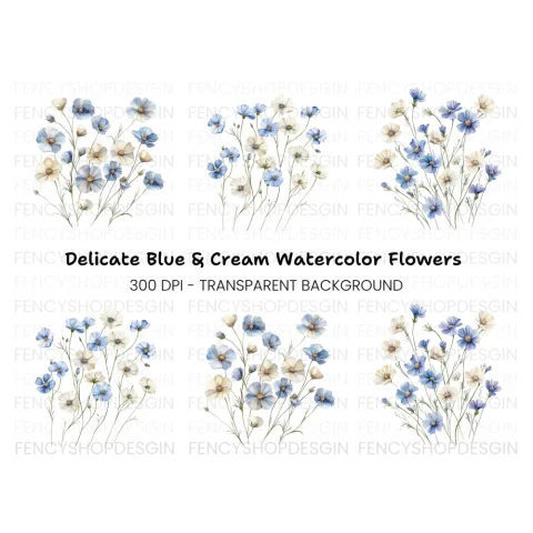 Blue and White Floral Clipart Bundle