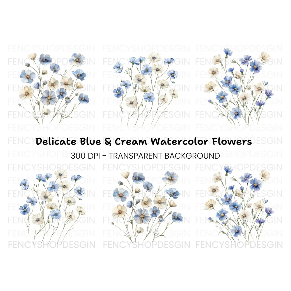 Blue and White Floral Clipart Bundle