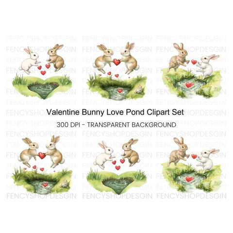 Romantic Bunny Heart Pond Clipart Bundle