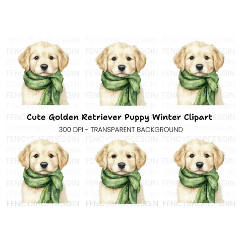 Golden Retriever Puppy with Green Scarf Clipart Bundle