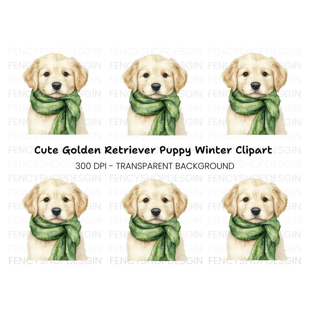 Golden Retriever Puppy with Green Scarf Clipart Bundle