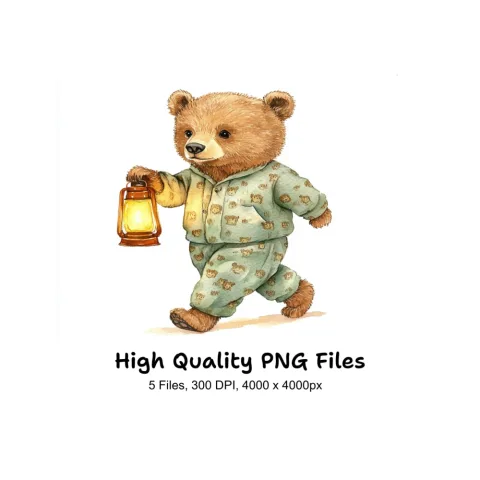 Cute Bear in Pajamas with Lantern Clipart Bundle