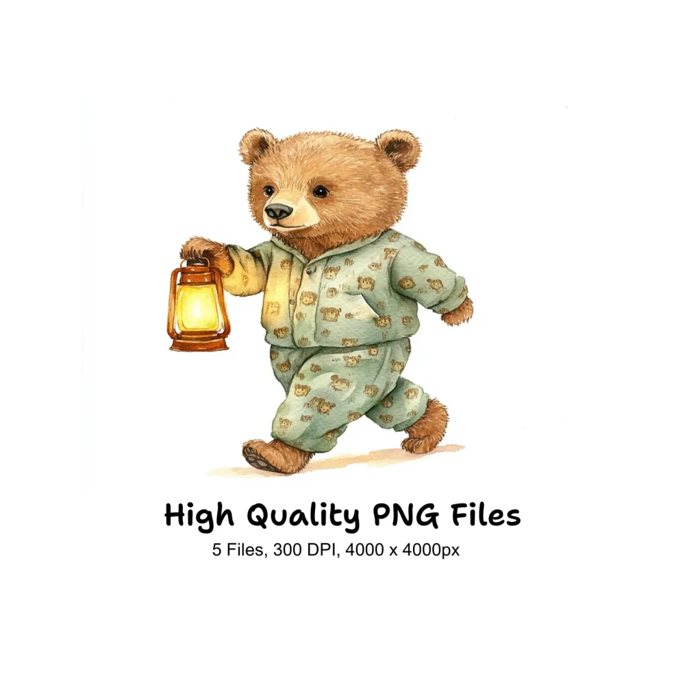 Cute Bear in Pajamas with Lantern Clipart Bundle