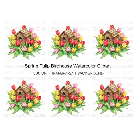 Colorful Tulips Birdhouse Clipart Bundle